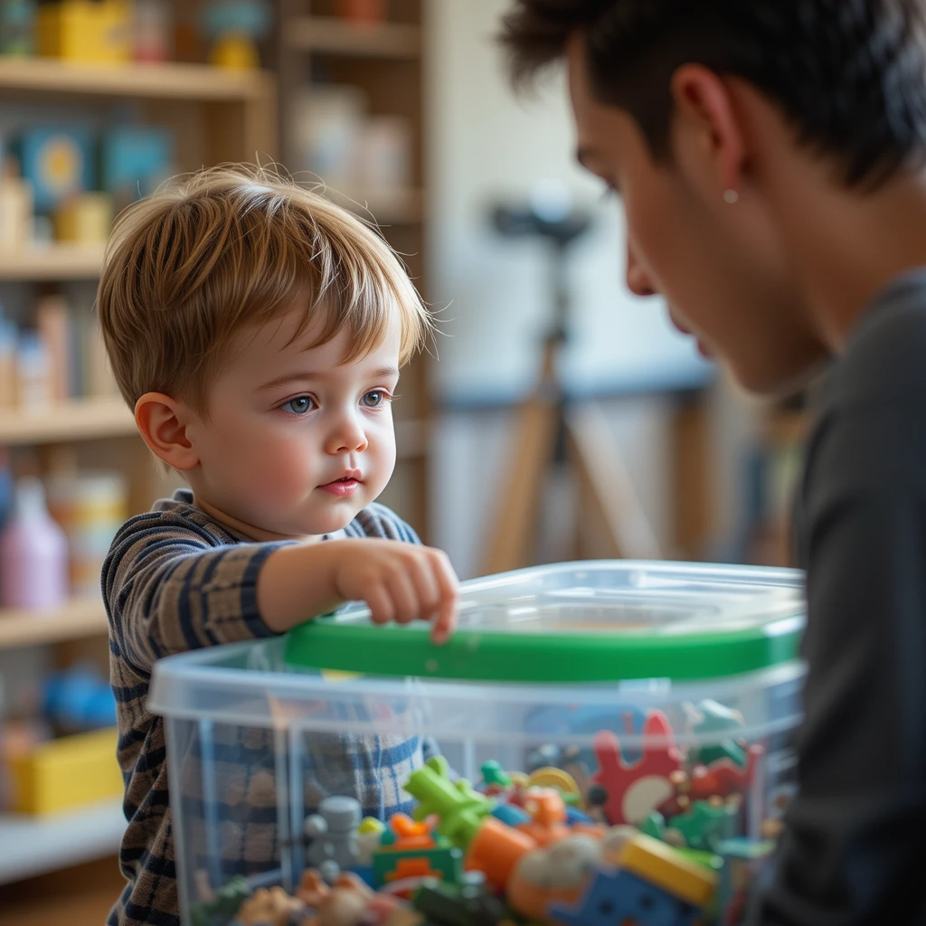 BT having child point to toy in bin during PRT session