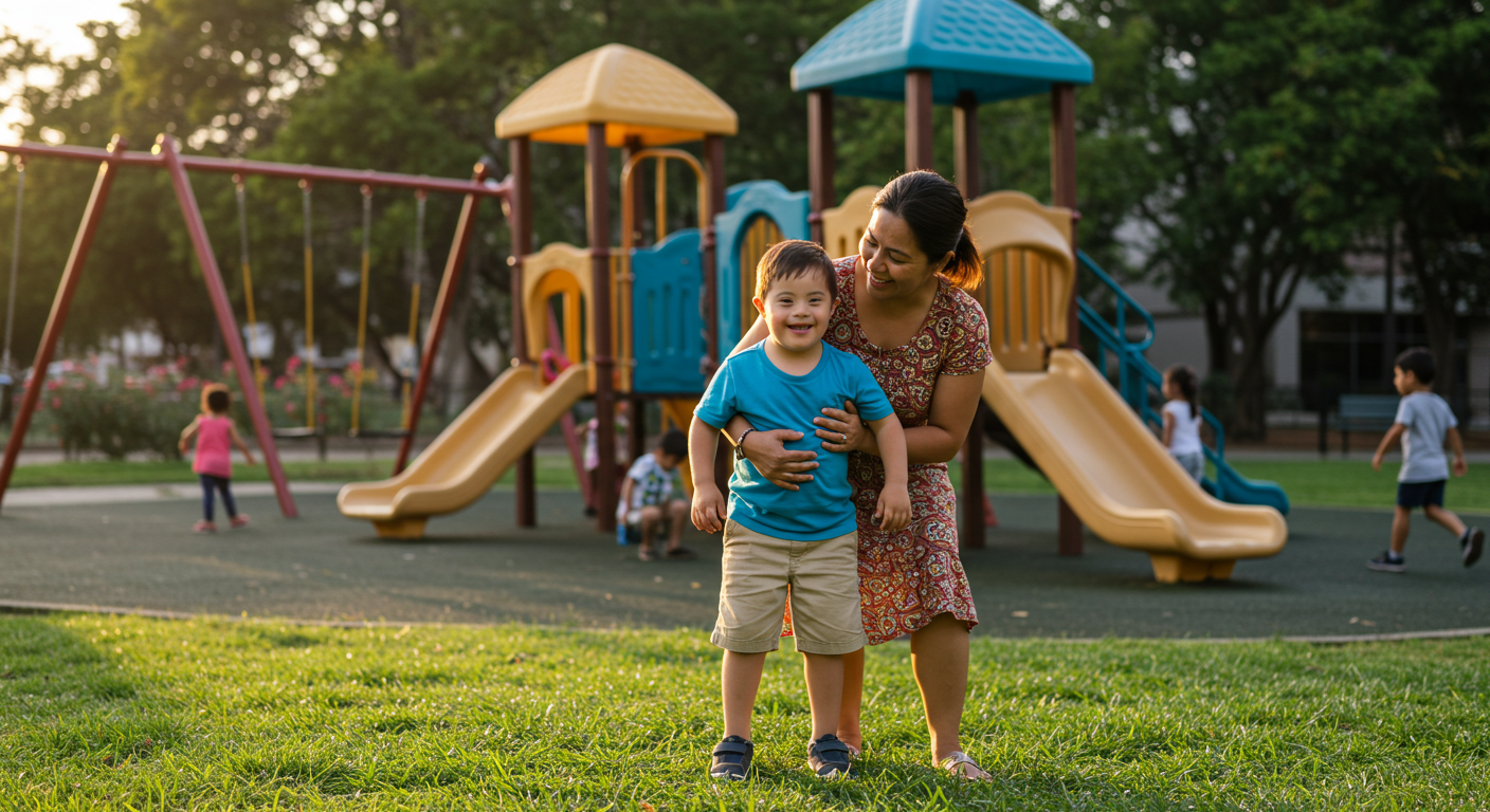Boy with down syndrome on playground