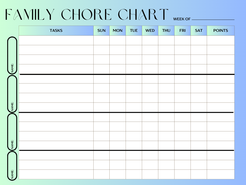 Family chore chart for kids