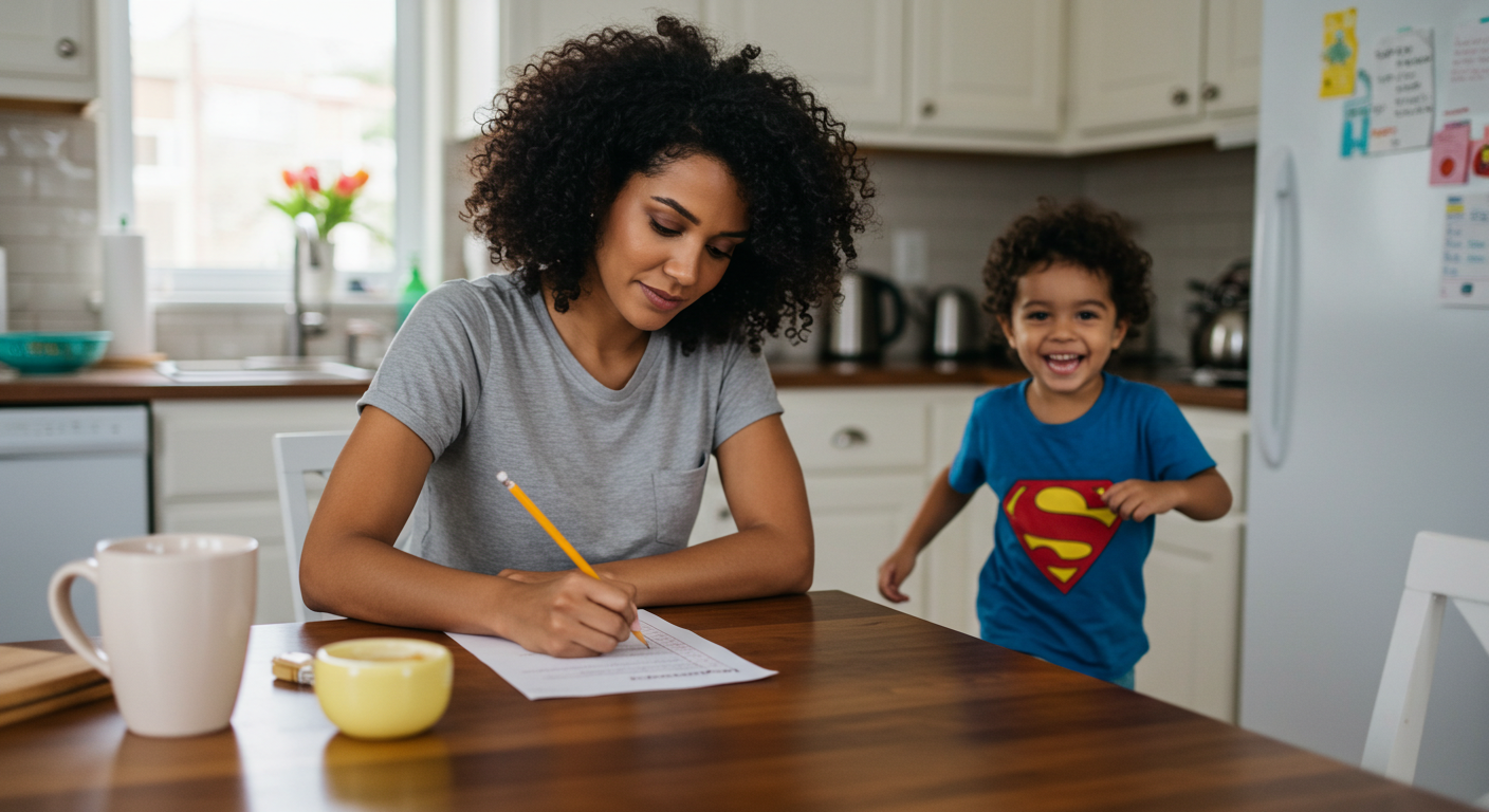 Mom filling out adhd checklist and child running