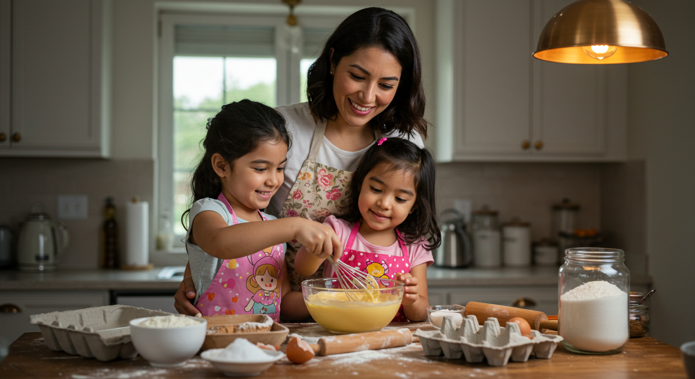 Mom baking foods with her 2 daughters as part of an ADHD diet plan