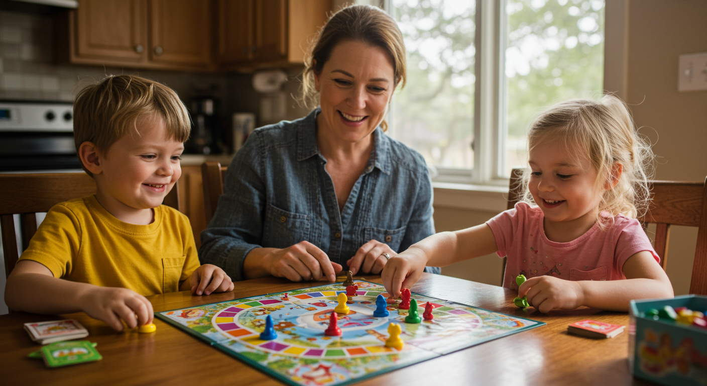 Kids with symptoms of mild autism playing a board game as social skills activity