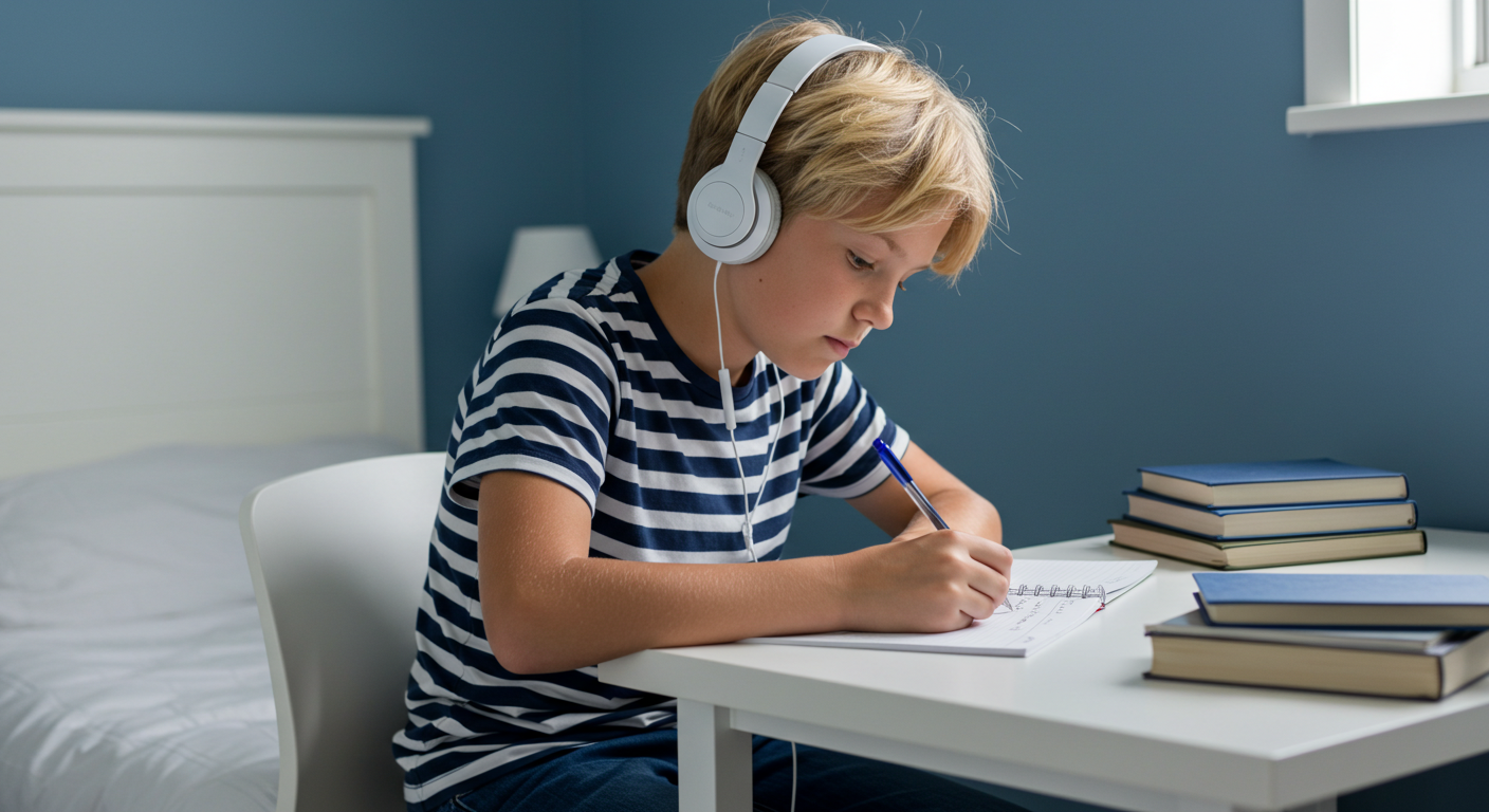boy concentrating on homework