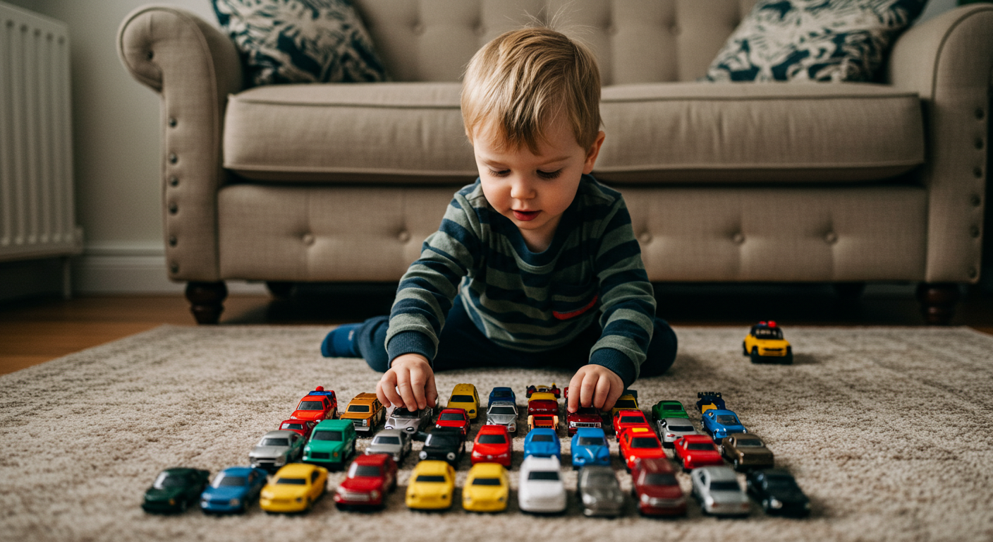 Boy lining up cars as sign of autism in toddlers