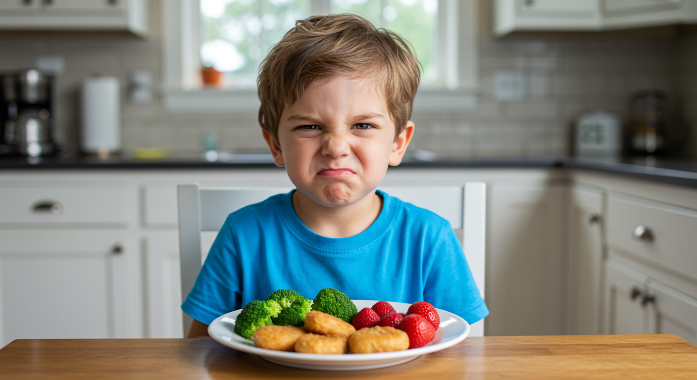 boy making face with food in front of him being picky eater