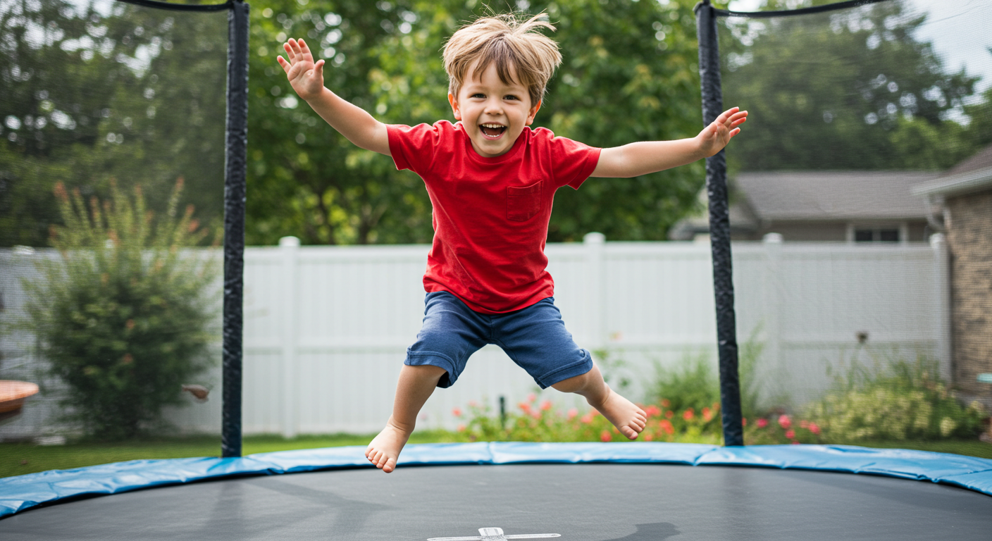boy sensory seeking on trampoline