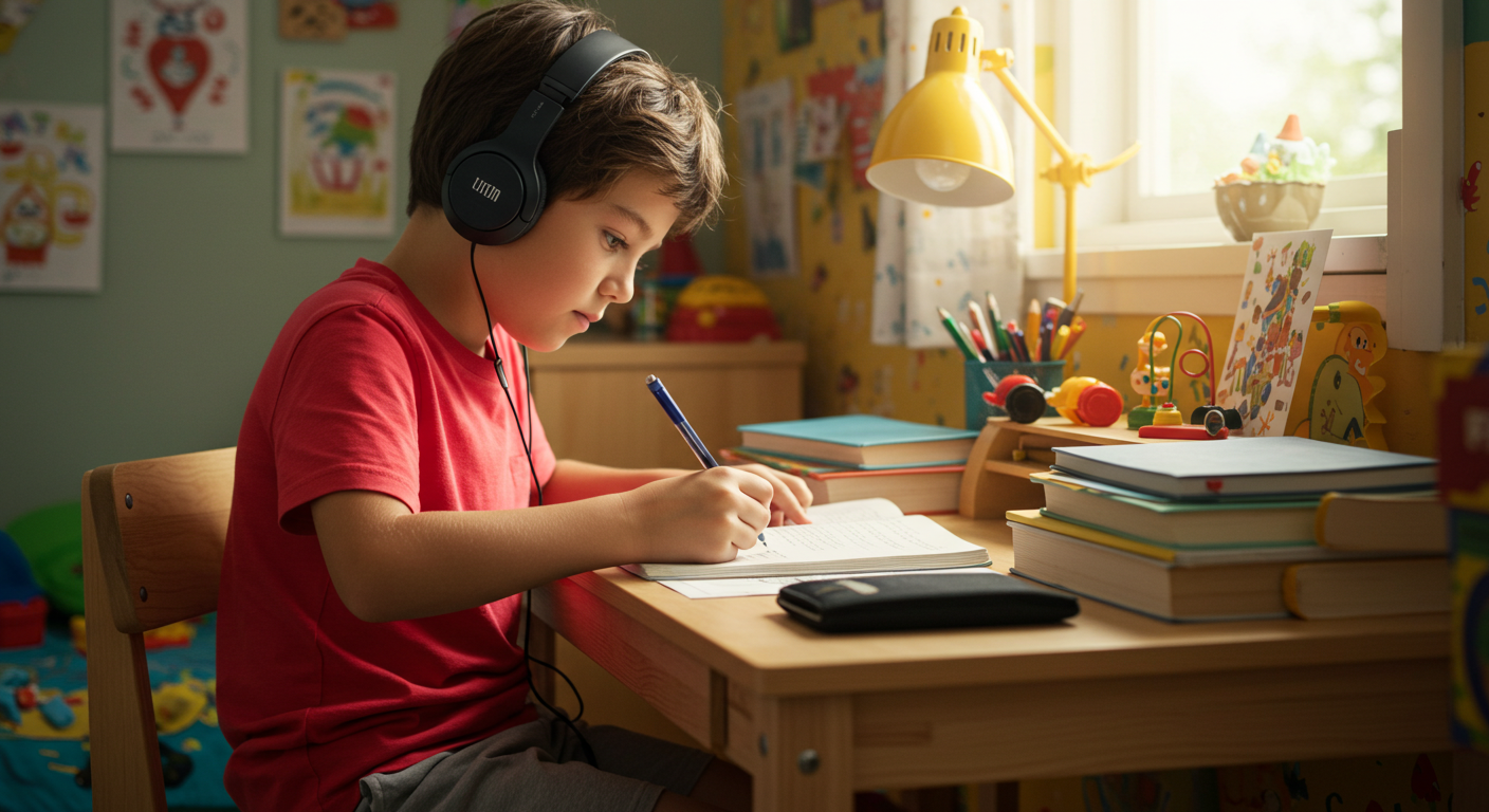 Boy studying with binaural beats