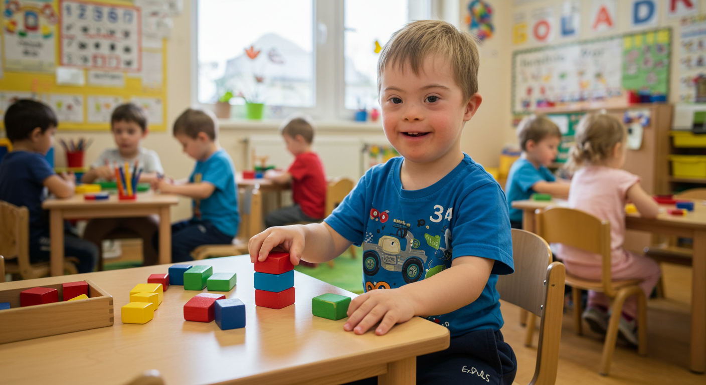 Boy with down syndrome at preschool
