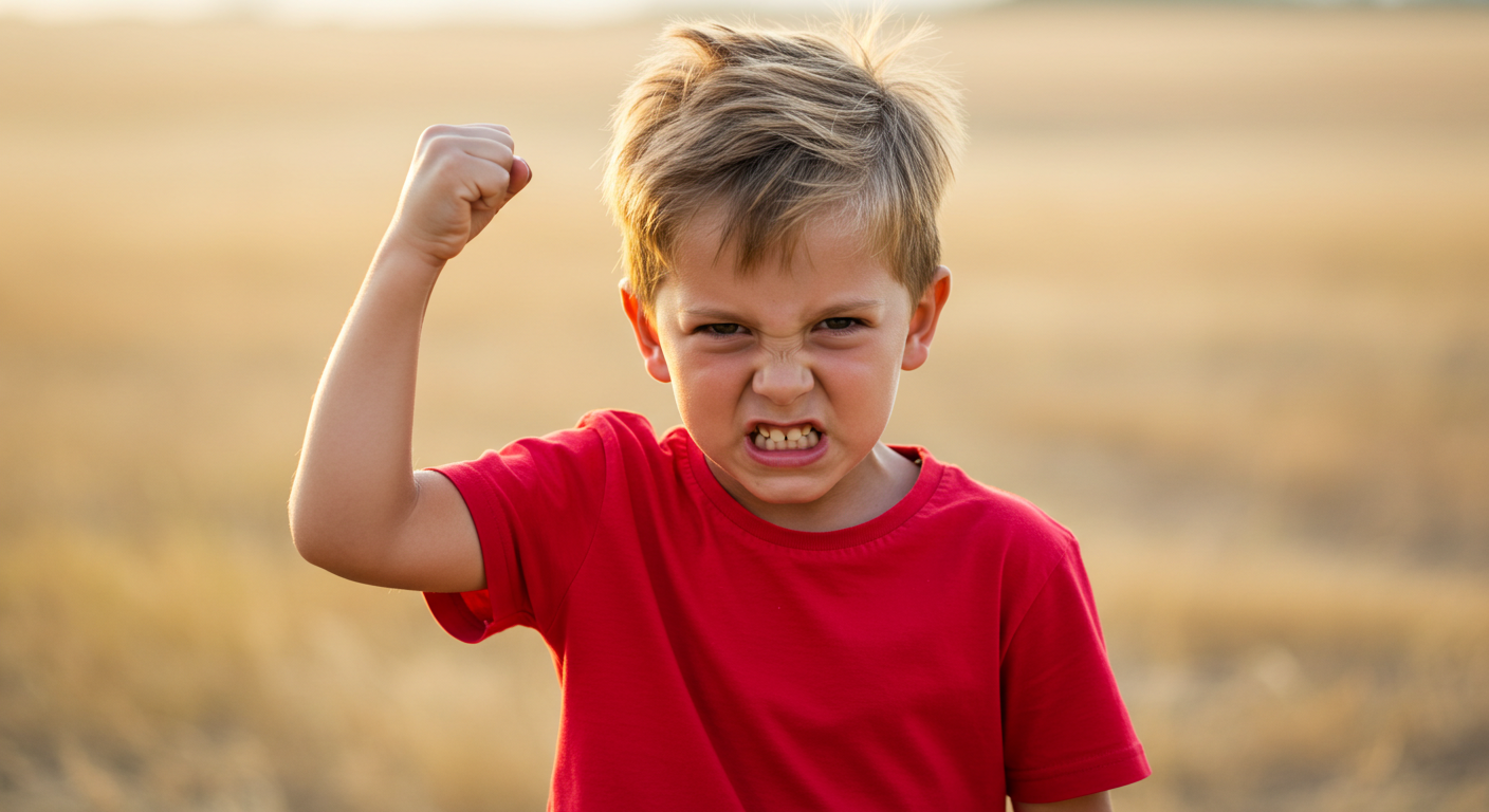 boy showing child aggression with fist in air