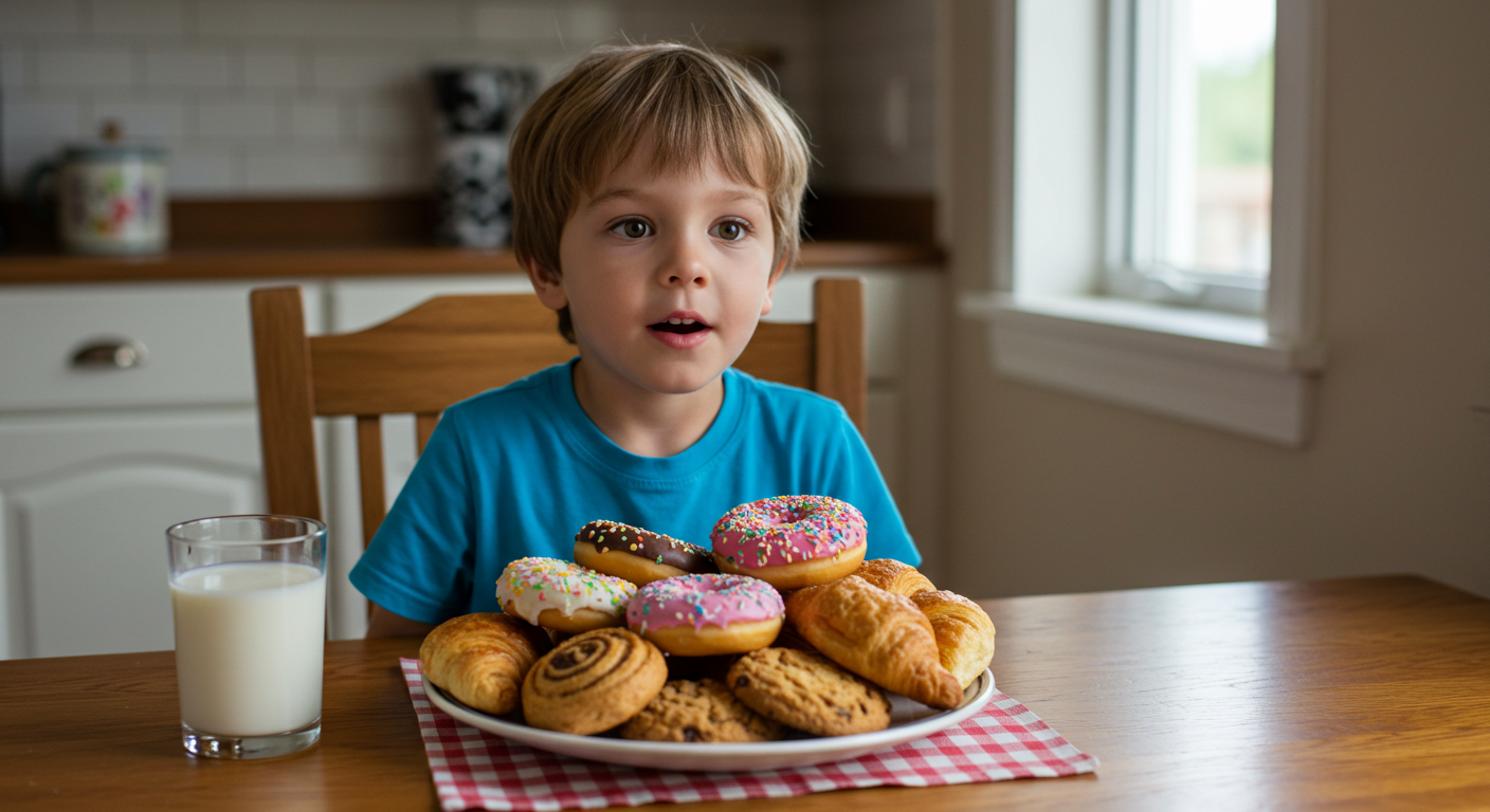 Boy at table with plate full of donuts