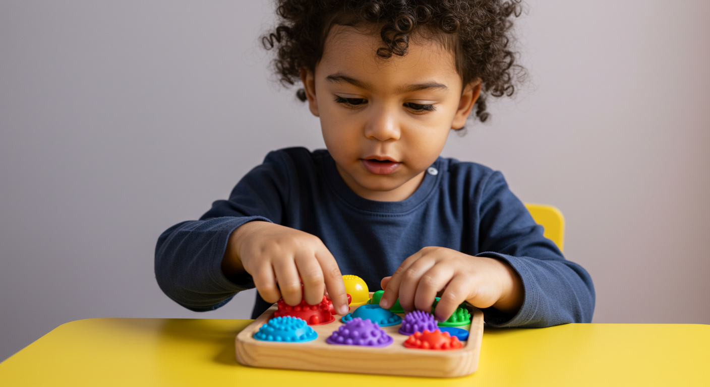 Boy with tactile dysfunction playing with sensory toy