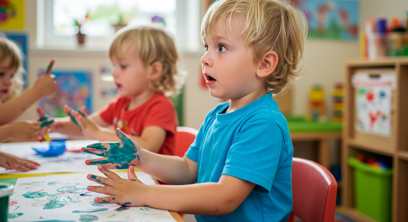 Child showing tactile defensiveness while finger painting