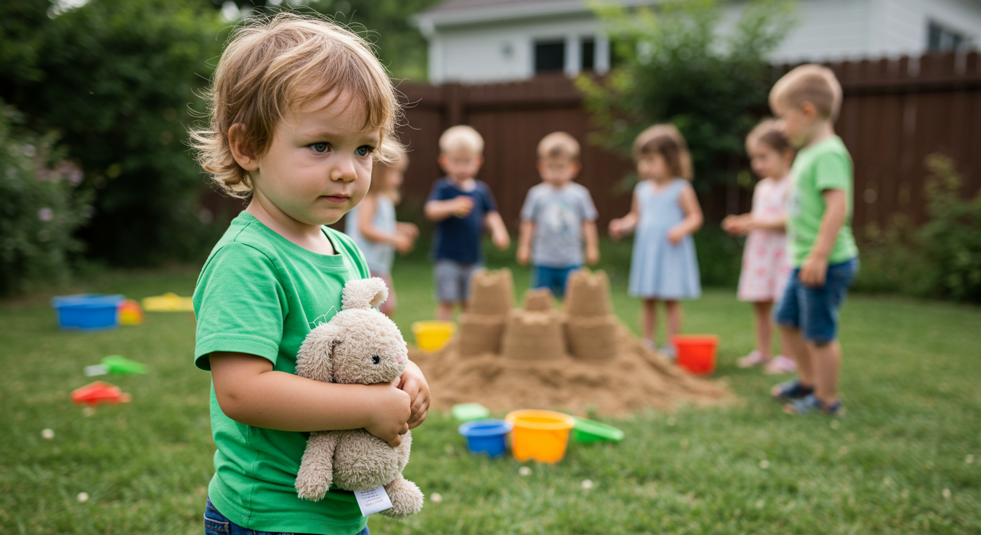 child showing mild sign of autism with social isolation from a group of children
