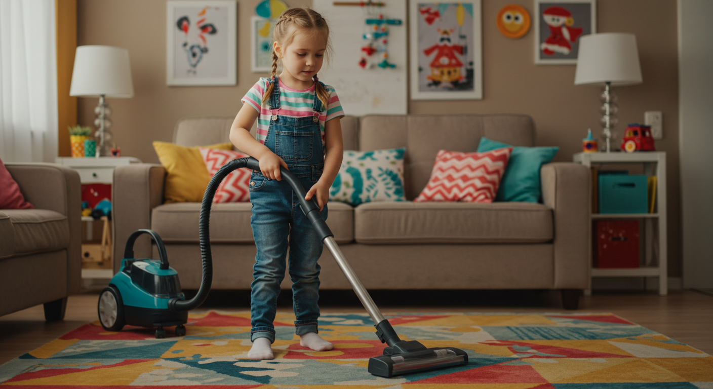 Girl vacuuming as her chore