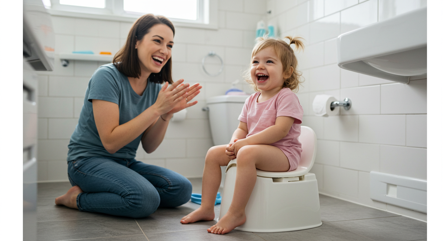 Mom cheering for girl going potty