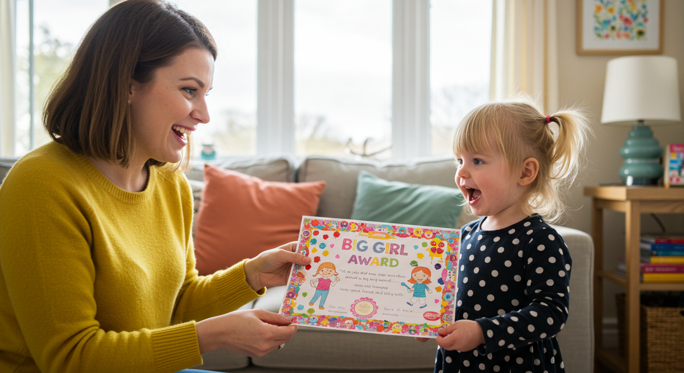 mom presenting child with toilet training certificate