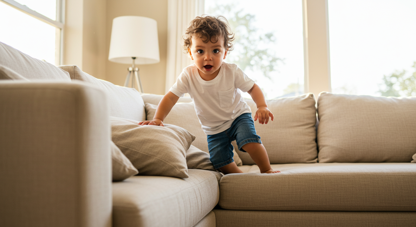 Toddler showing signs of ADHD jumping off a couch