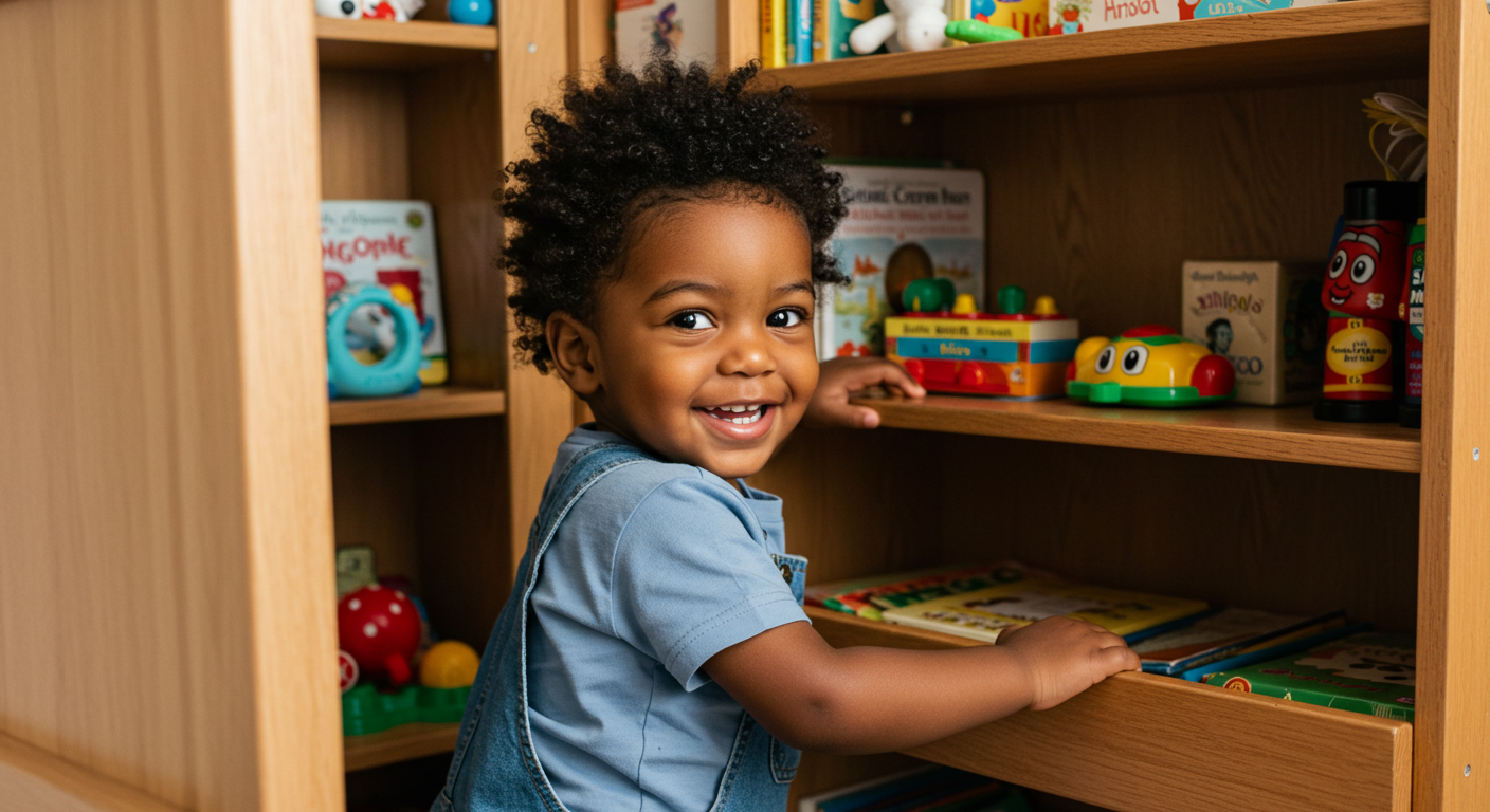 Toddler showing signs of ADHD getting into things on a shelf
