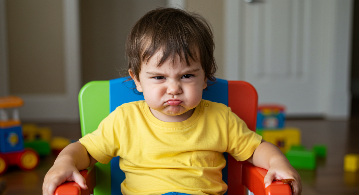 Angry toddler in time out for hitting