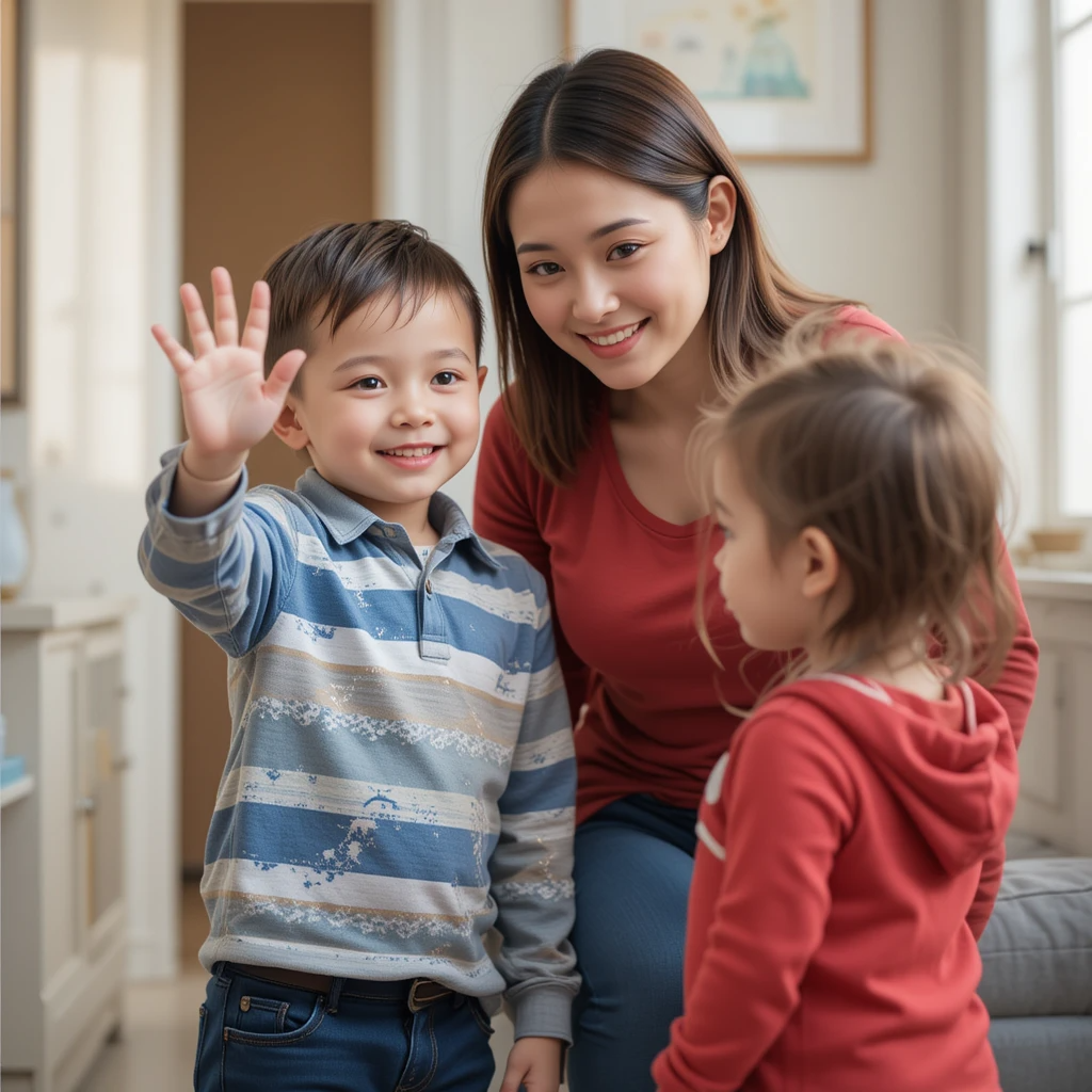BT teaching child to wave to another child