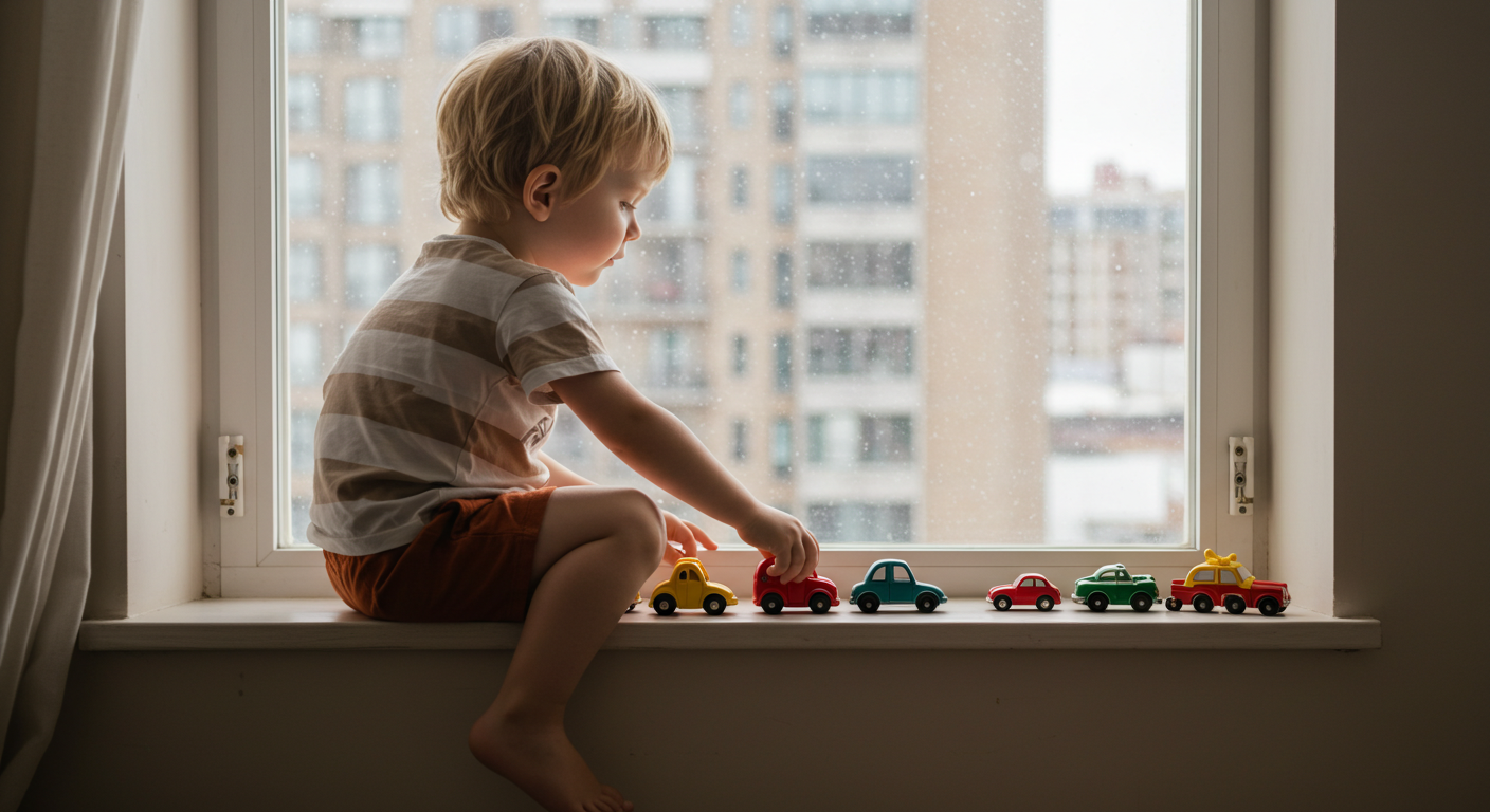 boy lining up cars as characteristic for autism