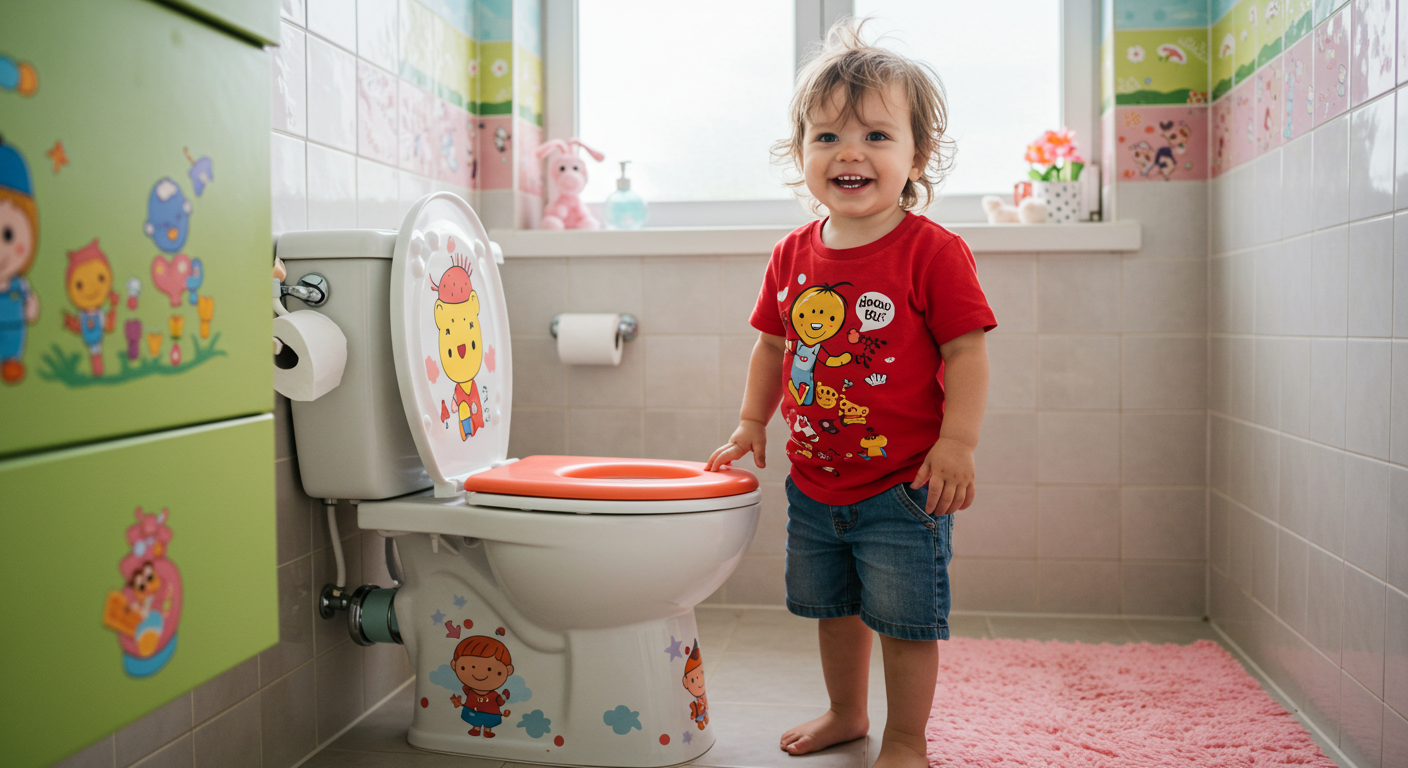Toddler standing by toilet potty training