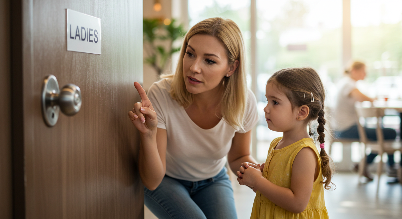 Woman pointing to public restroom door