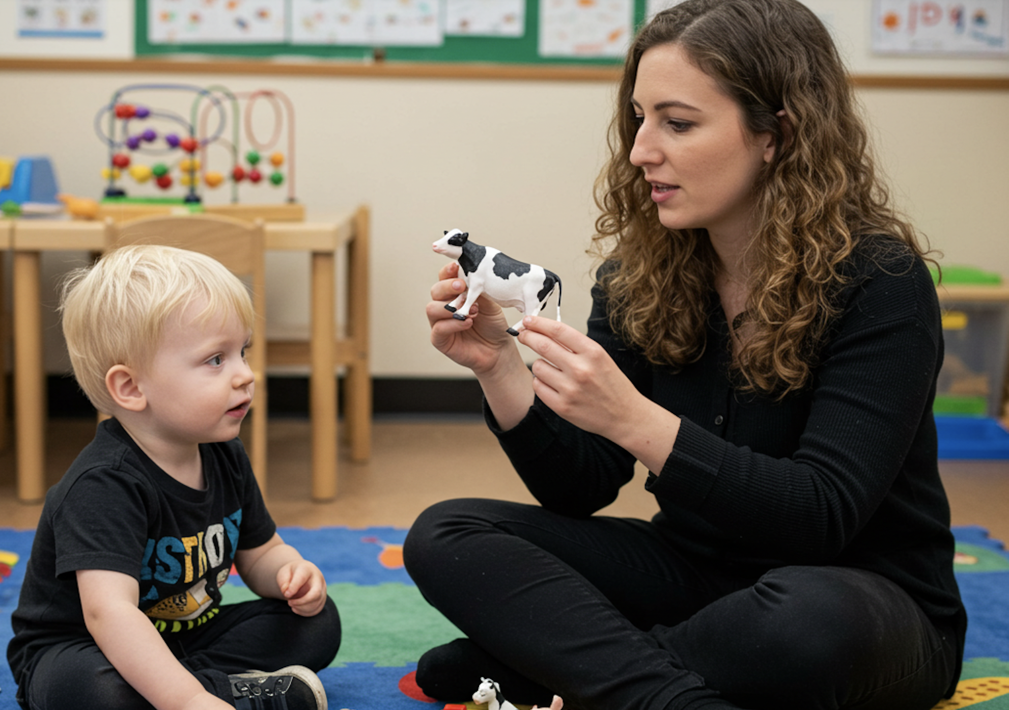 Woman working with a child with autism in ABA school Woman working with a child with autism in ABA school