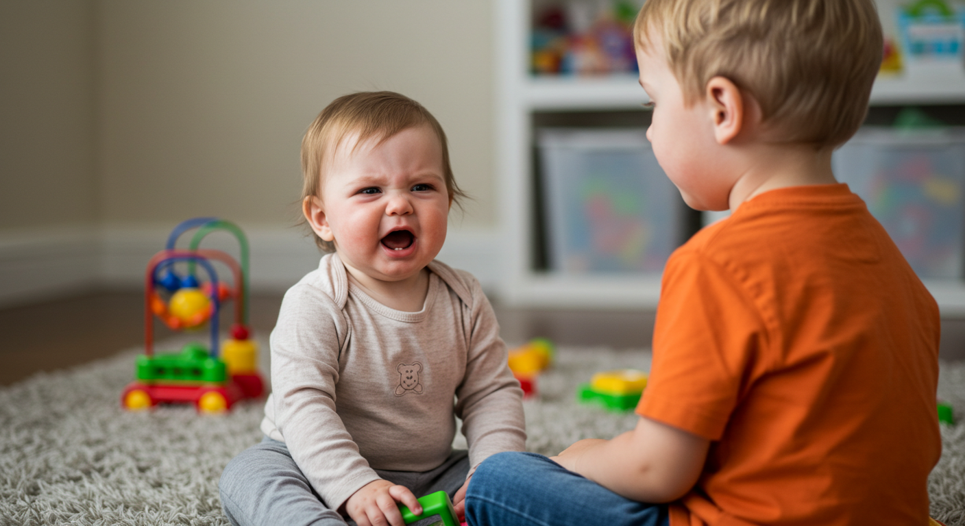 angry toddler about to bite sibling