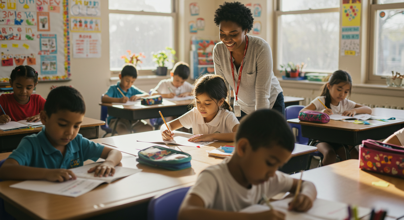 children demonstrating good school behavior in a classroom