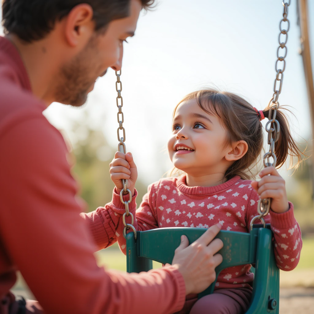 Dad pushing girl on swing to gain eye contact