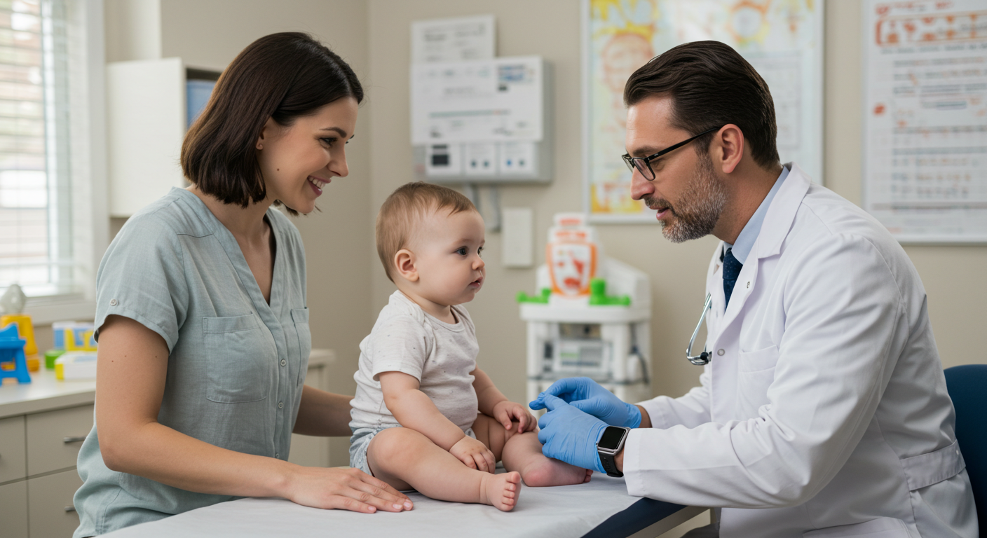 Doctor evaluating infant for signs of autism