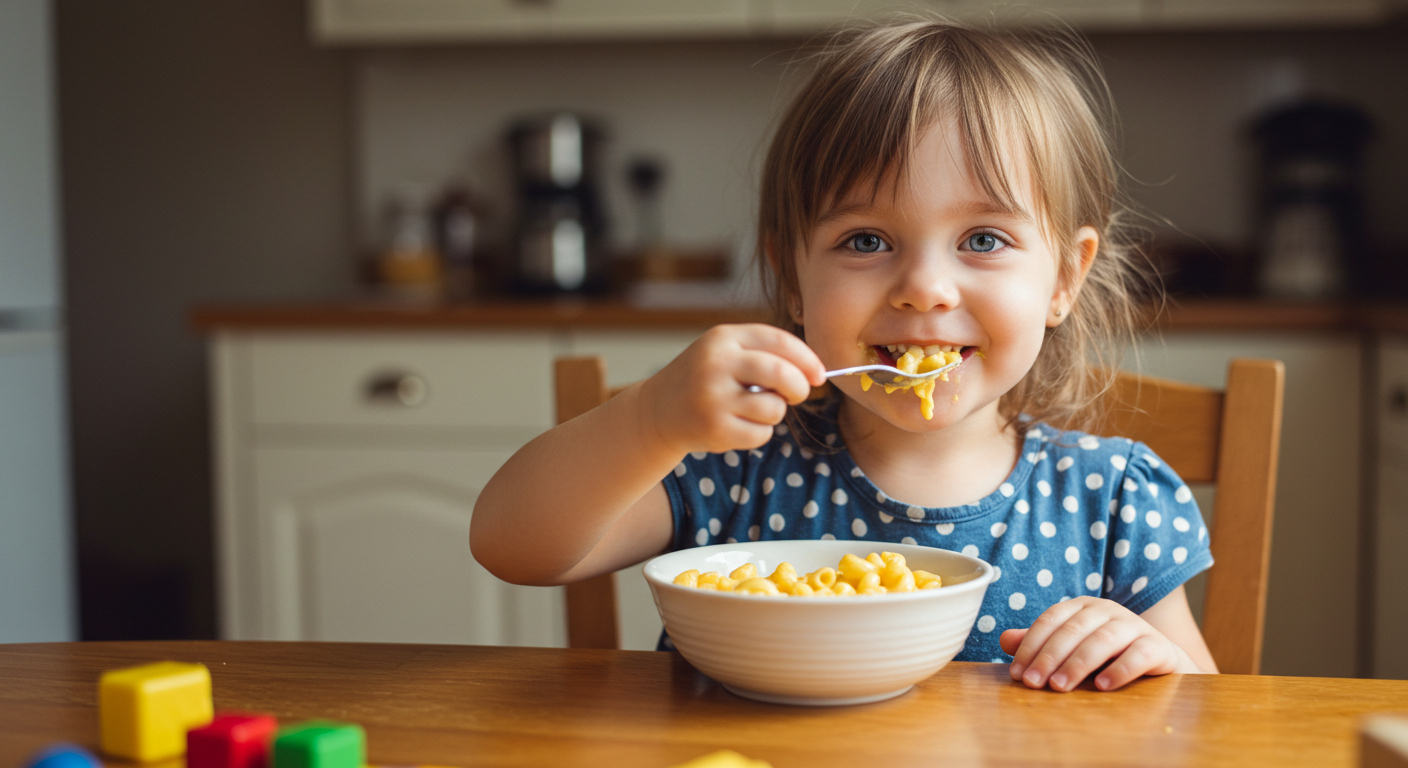 girl eating mac n cheese