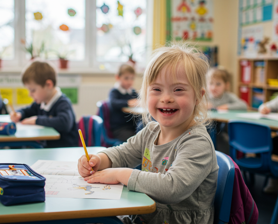 happy girl with down syndrome at school