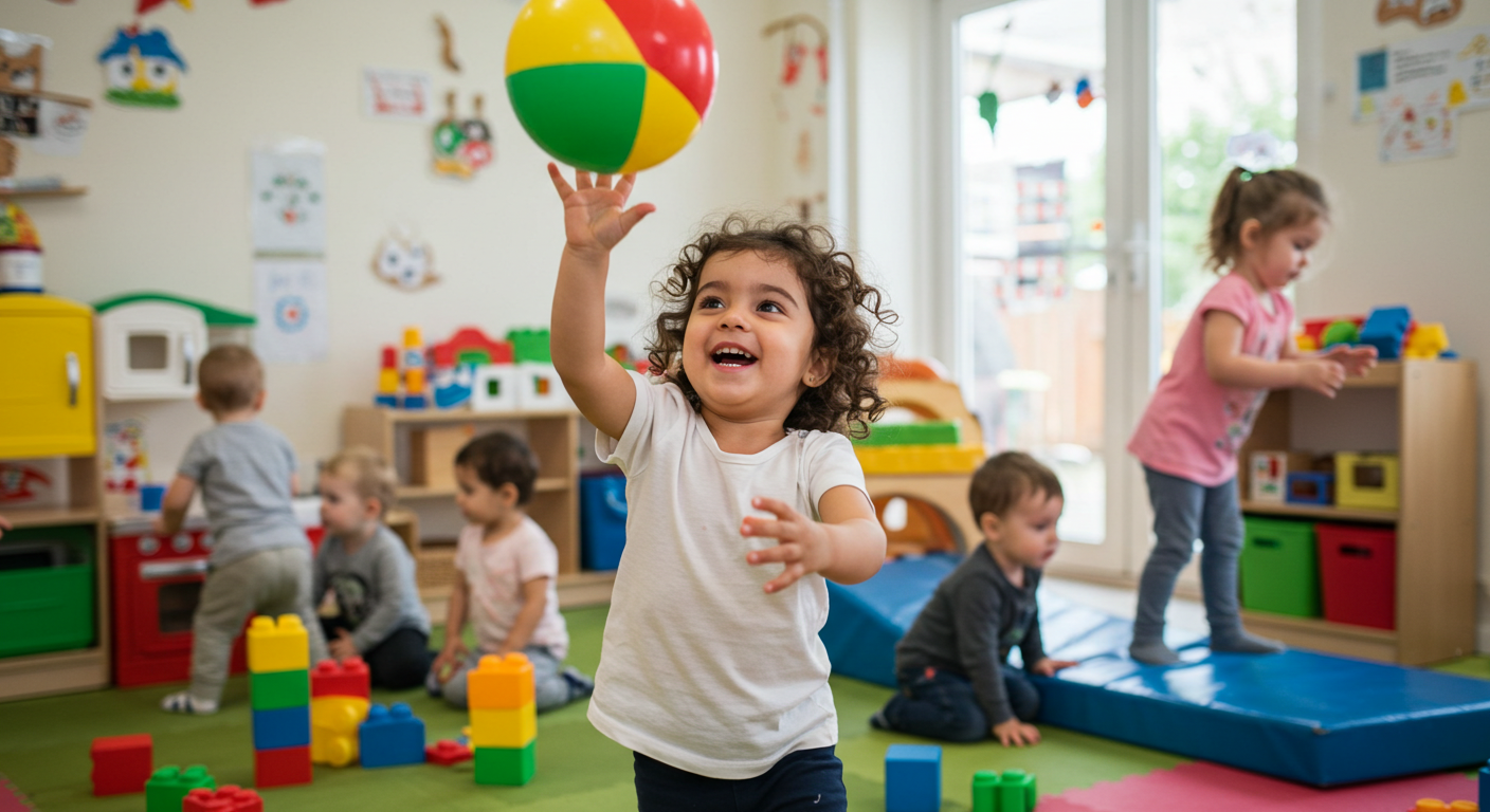child running around playing in a daycare room showing signs of adhd