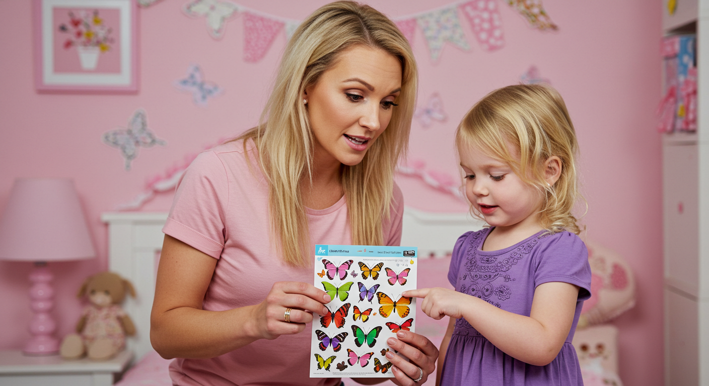 Mom is showing a girl a sticker sheet to pick a sticker for her printable reward chart Mom is showing a girl a sticker sheet to pick a sticker for her printable reward chart