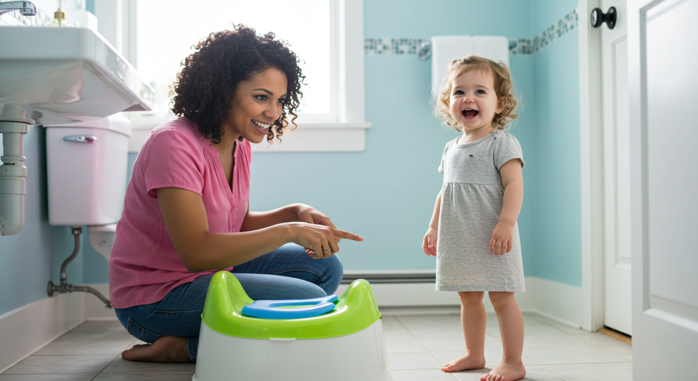 mom showing girl potty seat