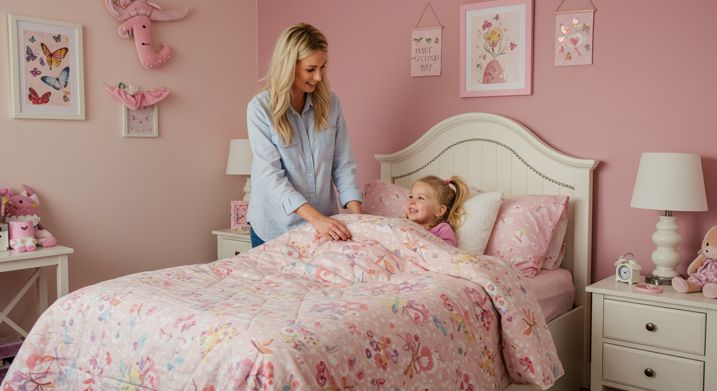 Mom tucking daughter into bed
