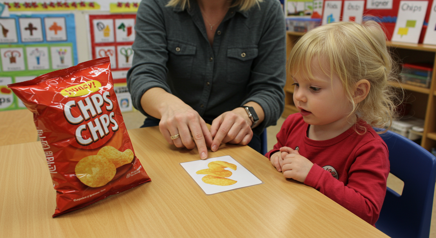 Teacher using ASD communication cards with child