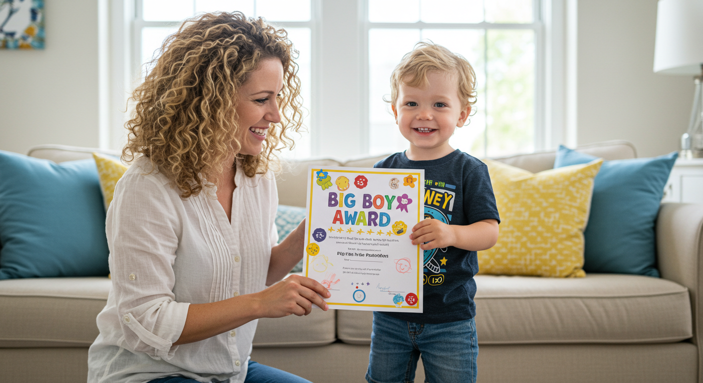 mom giving boy toilet training certificate