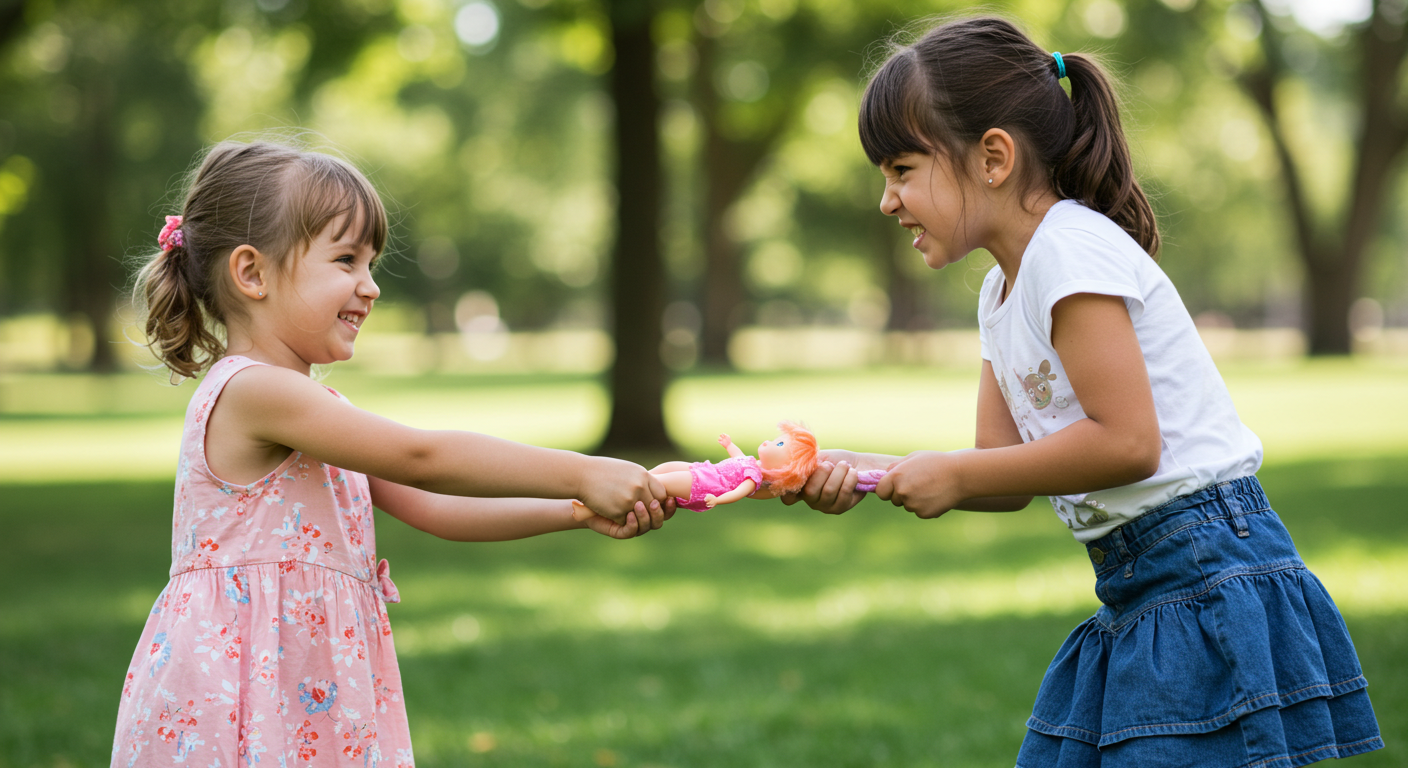 Two girls engaging in bad child behavior fighting over a doll