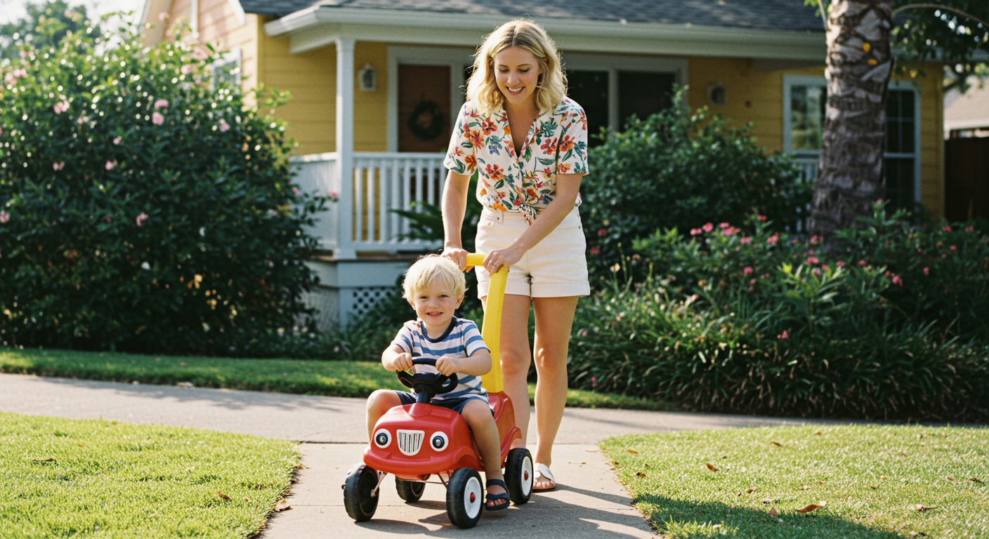 woman pushing boy on car